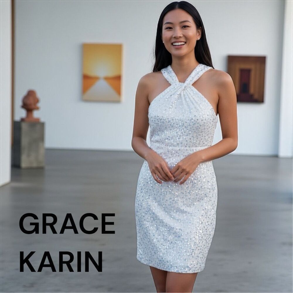Grace Karin Women's White Sequin Sleeveless Cocktail Formal Body con Dress